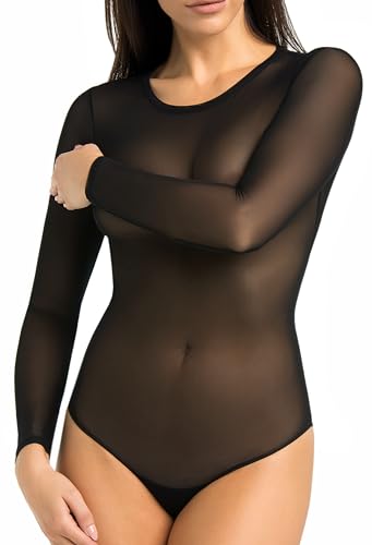 Teyli Bodysuit Damen Body Elegant - Mesh Top Body Langarm Damen - Body Damen Langarm Bodysuit Women Langarm Schwarz 2XL von Teyli
