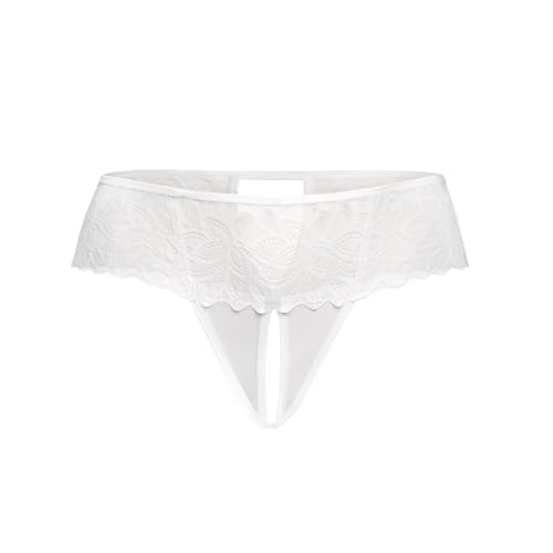 Teyli Damen Ouvert Tanga - Tanga mit Loch - Höschen mit Offenem Schritt - Slips im Schritt Offen - Unterwäsche mit Spitze Blumenmotiv Weiß S/M von Teyli