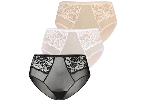 Teyli Slip Damen 3er Pack aus Transparentem Mesh mit Spitze - Bikinis & Taillenslips für Damen - Taillenslip Frauen mit Baumwollfutter Mehrfarbig XL von Teyli