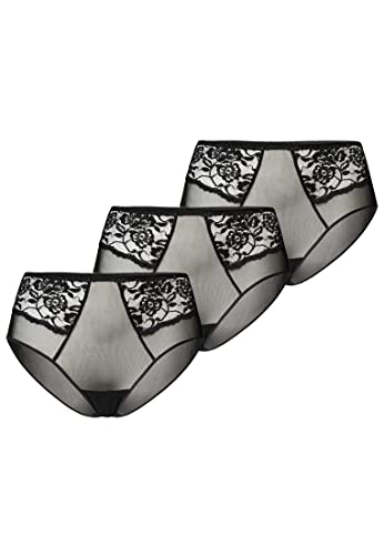 Teyli Slip Damen 3er Pack aus Transparentem Mesh mit Spitze - Bikinis & Taillenslips für Damen - Taillenslip Damen mit Baumwollfutter Schwarz XXL von Teyli
