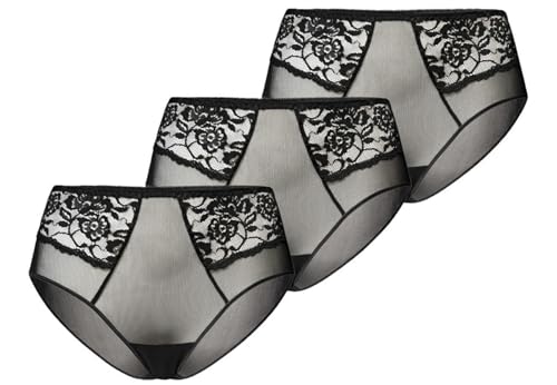 Teyli Slip Damen 3er Pack aus Transparentem Mesh mit Spitze - Bikinis & Taillenslips für Damen - Taillenslip Damen mit Baumwollfutter Schwarz XXL von Teyli