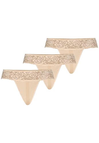 Teyli Damen String Tanga aus Mesh mit Spitze 3er Pack Beige M von Teyli