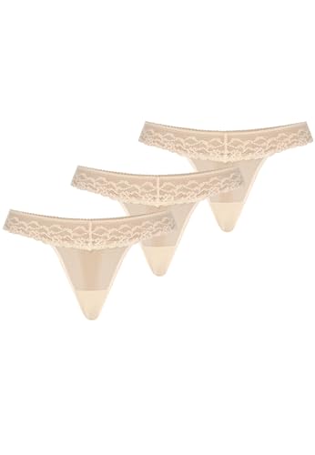 Teyli Damen String Tanga aus Mesh mit Spitze 3er Pack Beige S von Teyli