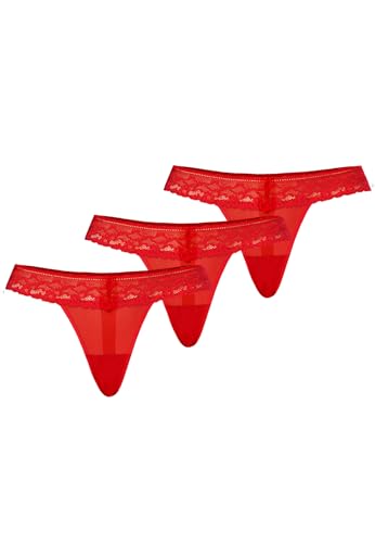 Teyli Damen String Tanga aus Mesh mit Spitze 3er Pack Rot L von Teyli