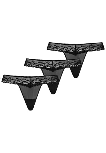 Teyli Damen String Tanga aus Mesh mit Spitze 3er Pack Schwarz M von Teyli