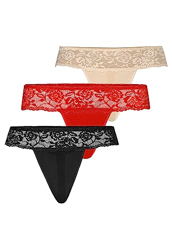 Teyli Damen String Tanga aus Mesh mit Spitze 3er Pack Schwarz Rot Beige L von Teyli