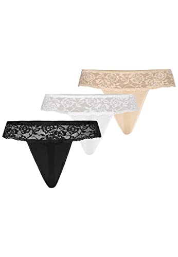 Teyli Damen String Tanga aus Mesh mit Spitze 3er Pack Schwarz Weiß Beige XL von Teyli