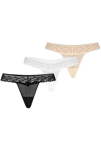 Teyli Damen String Tanga aus Mesh mit Spitze Schwarz Weiß Beige M von Teyli