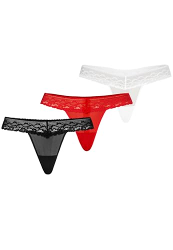 Teyli Damen String Tanga aus Mesh mit Spitze Schwarz Weiß Rot XL von Teyli