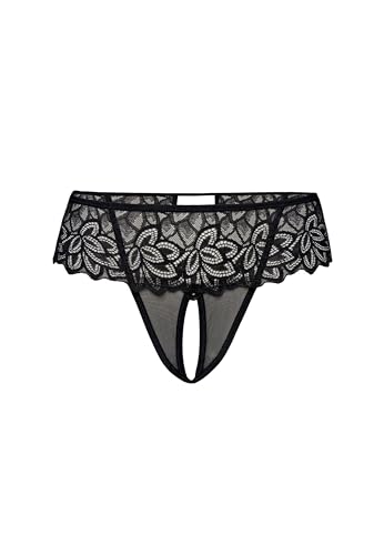 Teyli Damen Ouvert Tanga - Tanga mit Loch - Höschen mit Offenem Schritt - Slips im Schritt Offen - Unterwäsche mit Spitze Blumenmotiv Schwarz L/XL von Teyli