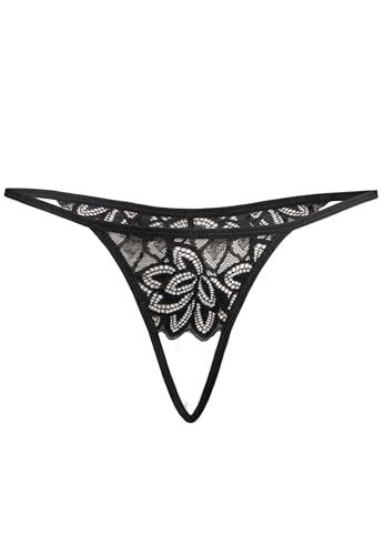 Teyli Damen Ouvert Tanga mit Loch im Schritt - Aus dehnbarer und eleganter Spitze mit ausdrucksstarkem Blumenmotiv - Höschen mit Offenem Schritt - Strings Damen Schwarz XXL von Teyli