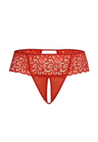 Teyli Damen Ouvert Tanga - Tanga mit Loch - Höschen mit Offenem Schritt - Slips im Schritt Offen - Unterwäsche mit Spitze Blumenmotiv Rot S/M von Teyli