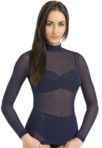 Teyli Transparente Bluse Langarm - Transparente Rollkragenpullover - Mesh Oberteil Damen mit Stehkragen - Durchsichtiges Oberteil Damen Netz - Mesh Top - Durchsichtige Bluse Women Blau L von Teyli