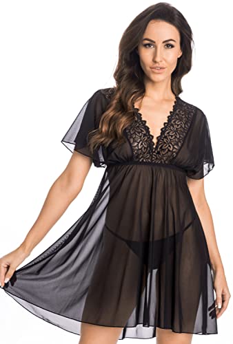 Teyli Nachtkleid Damen Nachtwäsche Nachtkleid mit Blumenmotiv - Babydoll Damen - Nachtwäsche Frau - Negligee Damen Nachtkleid Schwarz 3XL von Teyli