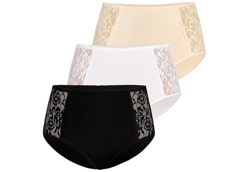 Teyli Slip Damen 3er Pack Baumwolle - Bikinis & Taillenslips für Damen - Slip Baumwolle Frauen- Women Slips mit Spitze Verziert Schwarz-Weiß-Beige 5XL von Teyli