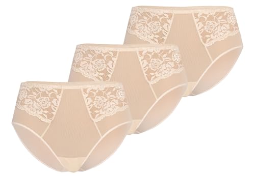 Teyli Slip Damen 3er Pack aus Transparentem Mesh mit Spitze - Bikinis & Taillenslips für Damen - Taillenslip Damen mit Baumwollfutter Beige S von Teyli
