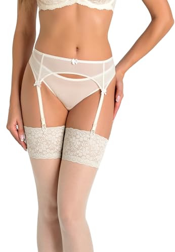 Teyli Strumpfhalter Damen - Strumpfgürtel für Damen aus Mesh - Strapsgürtel im Klassischen Schnitt - Garter Suspender Belt Ivory XL von Teyli