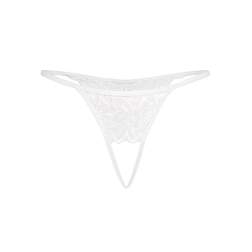 Teyli Damen Ouvert Tanga mit Loch im Schritt - Aus dehnbarer und eleganter Spitze mit ausdrucksstarkem Blumenmotiv - Höschen mit Offenem Schritt - Strings Damen Weiß L/XL von Teyli