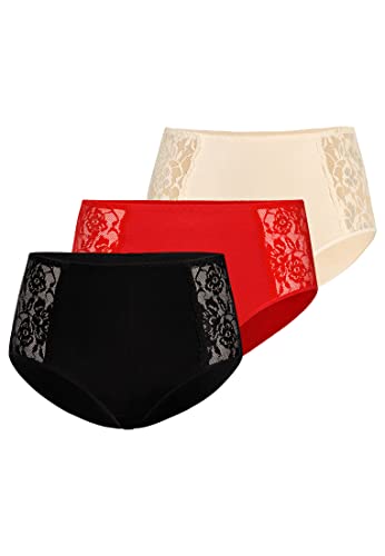 Teyli Unterwäsche Frauen Pantys Damen aus Hochwertiger Baumwolle - Slips Damen-Unterhosen Damen Unterwäsche - Frauen Unterwäsche Pantys Damen Slips mit Spitze Verziert 3er Pack Schwarz Rot Beige 3XL von Teyli