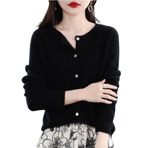 TeysHa Kaschmir-Cardigan für Damen, Wollpullover mit Rundhalsausschnitt, Knopfleiste und Langen Ärmeln (Black,Small) von TeysHa