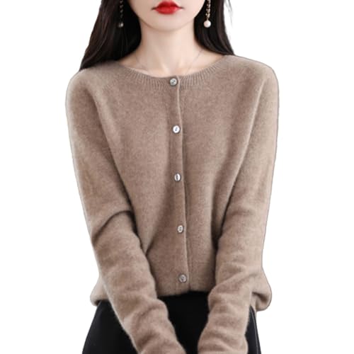 TeysHa Kaschmir-Cardigan für Damen, Wollpullover mit Rundhalsausschnitt, Knopfleiste und Langen Ärmeln (Camel,XX-Large) von TeysHa