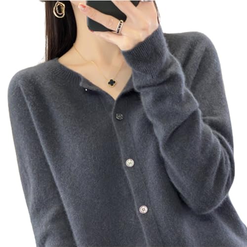 TeysHa Kaschmir-Cardigan für Damen, Wollpullover mit Rundhalsausschnitt, Knopfleiste und Langen Ärmeln (Dark Gray,Large) von TeysHa