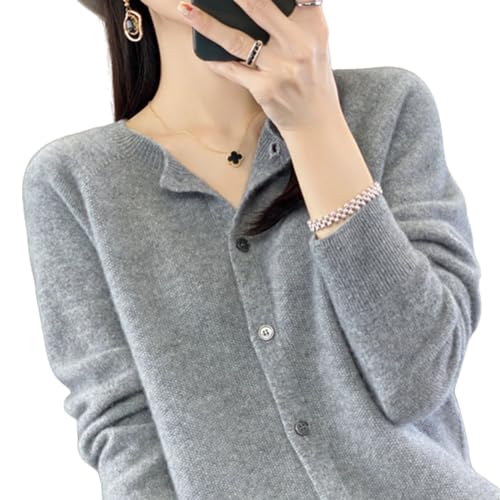 TeysHa Kaschmir-Cardigan für Damen, Wollpullover mit Rundhalsausschnitt, Knopfleiste und Langen Ärmeln (Light Gray,X-Large) von TeysHa