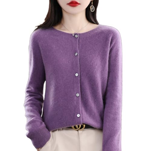 TeysHa Kaschmir-Cardigan für Damen, Wollpullover mit Rundhalsausschnitt, Knopfleiste und Langen Ärmeln (Magenta,Large) von TeysHa