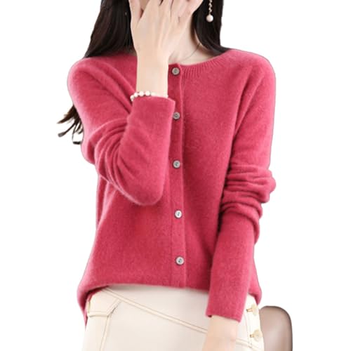 TeysHa Kaschmir-Cardigan für Damen, Wollpullover mit Rundhalsausschnitt, Knopfleiste und Langen Ärmeln (Raspberry red,Large) von TeysHa