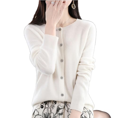 TeysHa Kaschmir-Cardigan für Damen, Wollpullover mit Rundhalsausschnitt, Knopfleiste und Langen Ärmeln (White,Small) von TeysHa