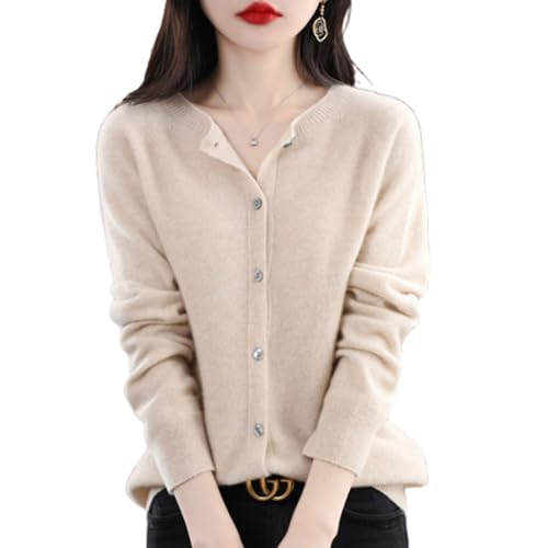 TeysHa Kaschmir-Cardigan für Damen, Wollpullover mit Rundhalsausschnitt, Knopfleiste und Langen Ärmeln (beige,Large) von TeysHa