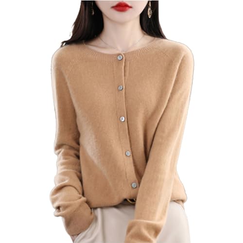 TeysHa Kaschmir-Cardigan für Damen, Wollpullover mit Rundhalsausschnitt, Knopfleiste und Langen Ärmeln (golden Camel,Large) von Bhgytec