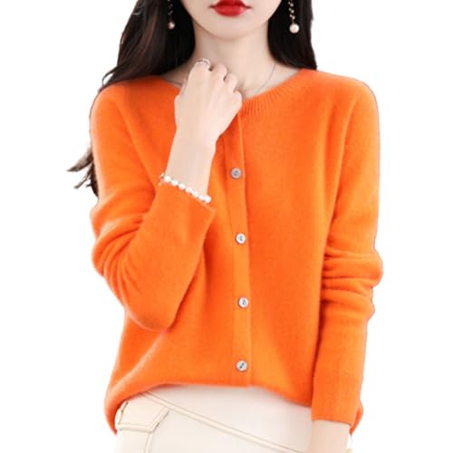 TeysHa Kaschmir-Cardigan für Damen, Wollpullover mit Rundhalsausschnitt, Knopfleiste und Langen Ärmeln (orange,Medium) von TeysHa