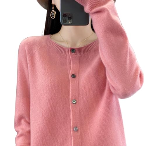 TeysHa Kaschmir-Cardigan für Damen, Wollpullover mit Rundhalsausschnitt, Knopfleiste und Langen Ärmeln (pink,Large) von TeysHa