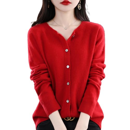 TeysHa Kaschmir-Cardigan für Damen, Wollpullover mit Rundhalsausschnitt, Knopfleiste und Langen Ärmeln (red,Large) von TeysHa