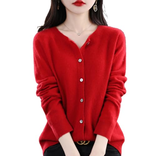 TeysHa Kaschmir-Cardigan für Damen, Wollpullover mit Rundhalsausschnitt, Knopfleiste und Langen Ärmeln (red,XX-Large) von TeysHa