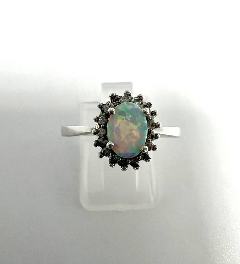 925Er Silberring Mit Opal & Zirkonia - Ovaler Cabochon Größe Eu 60/Us 8, 5 von TezsahShop