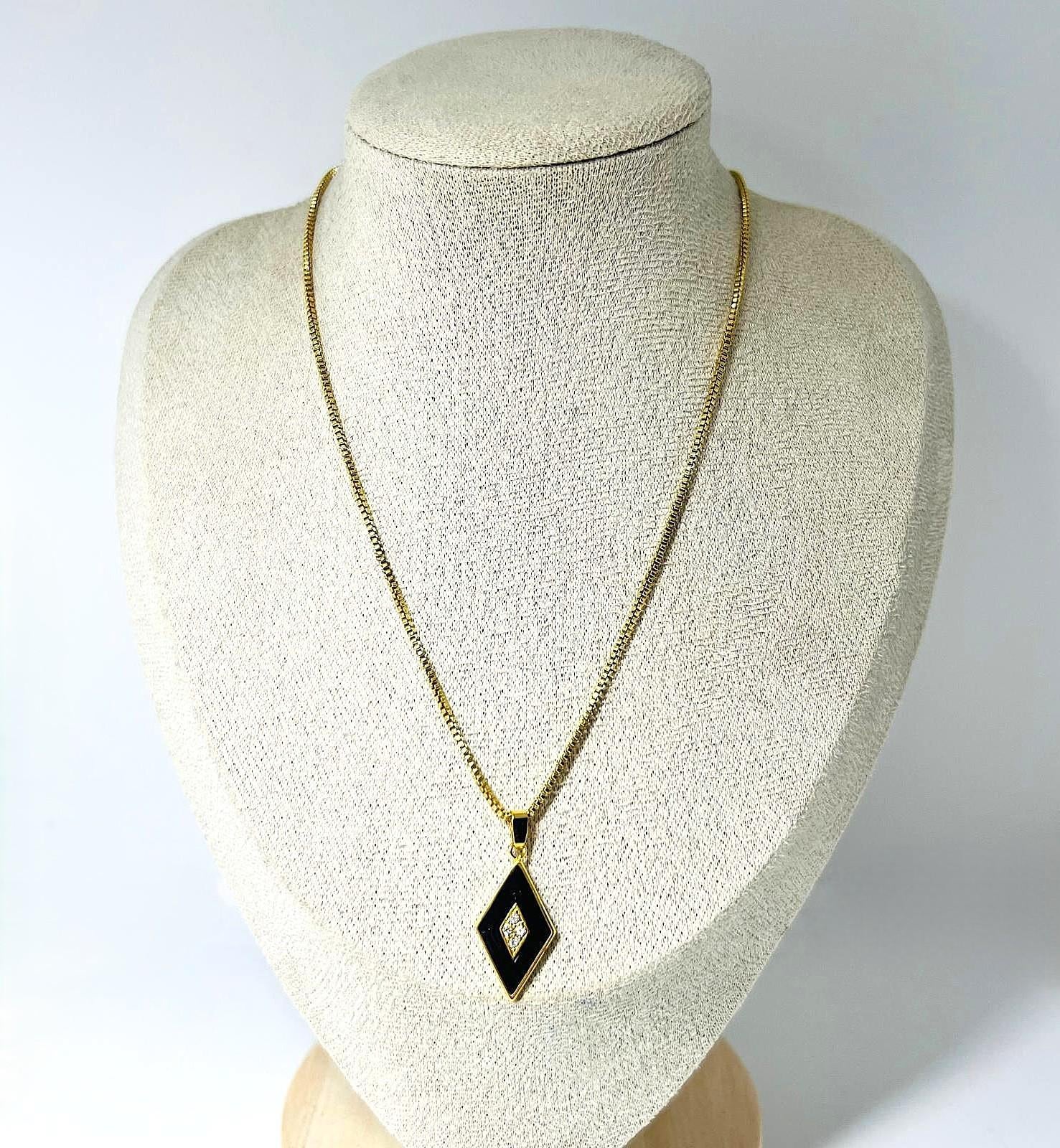 Original Vintage Kette 18K Vergoldet Raute Schwarz, Auswahl/Varianten, 40 cm von TezsahShop