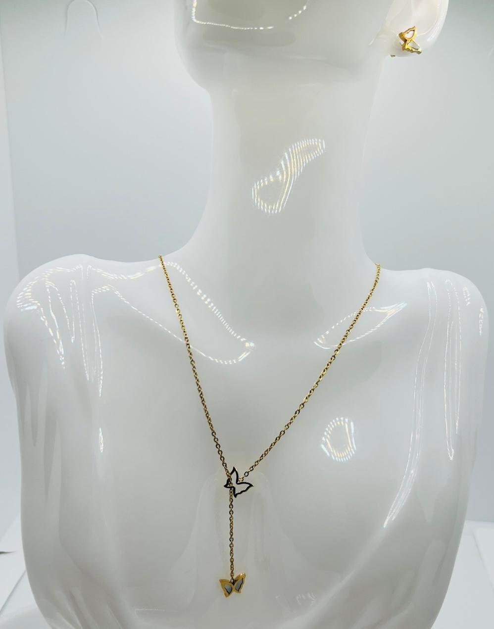 Schmetterlingsset Aus Edelstahl, Bestehend Ohrsteckern, Halskette Und Armband Mit Perlmutt in Gold Geschenke Schmuck Set von TezsahShop