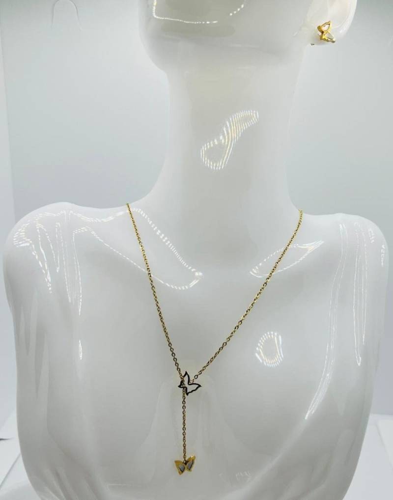 Schmetterlingsset Aus Edelstahl, Bestehend Ohrsteckern, Halskette Und Armband Mit Perlmutt in Gold Geschenke Schmuck Set von TezsahShop