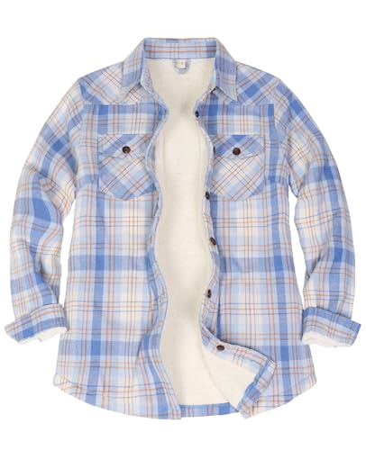 ThCreasa Damen Flanelljacke mit Sherpa-Futter und Eingriffstaschen, kariert, Knopfleiste, Beige, L von ThCreasa