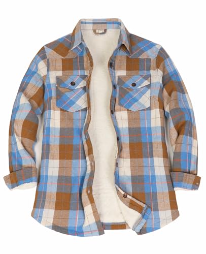 ThCreasa Damen Flanelljacke mit Sherpa-Futter und Eingriffstaschen, kariert, Knopfleiste, Blau kariert, M von ThCreasa