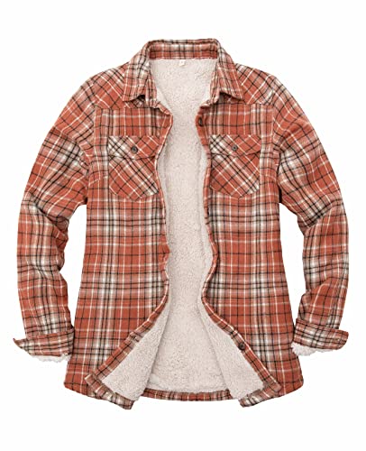 ThCreasa Damen Flanelljacke mit Sherpa-Futter und Eingriffstaschen, kariert, Knopfleiste, Rustikbraun, S von ThCreasa