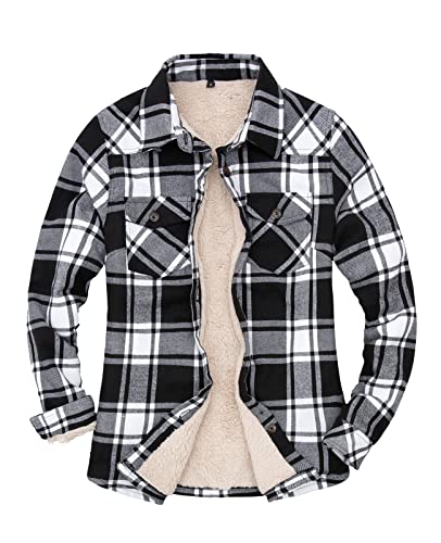 ThCreasa Damen-Flanelljacke mit Sherpa-Futter und Eingrifftaschen, kariert, mit Knopfleiste, flauschige Hemdjacken, schwarz und weiß, S von ThCreasa