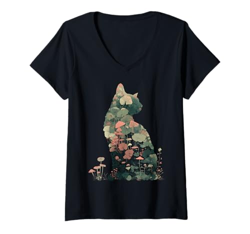 Damen Künstlerische Katzen-Silhouette, Naturthema, Pilzpflanzenliebhaber T-Shirt mit V-Ausschnitt Damen Künstlerische Katzen-Silhouette, Naturthema, Pilzpflanzenliebhaber T-Shirt mit V-Ausschnitt von ThaMushroomLuveve