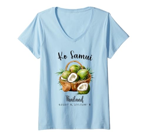 Damen Ko Samui Kokosnuss Thailand Tropische Insel GPS Urlaub Thai T-Shirt mit V-Ausschnitt von Thai Heritage Gifts Ko Samui Lover Traveler