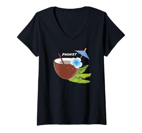 Damen Phuket Kokosnuss Insel Urlaub in Thailand Cocktail am Strand T-Shirt mit V-Ausschnitt Damen Phuket Kokosnuss Insel Urlaub in Thailand Cocktail am Strand T-Shirt mit V-Ausschnitt von Thailand - Land des Lächelns