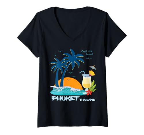 Damen Phuket Palmen Sonnenuntergang Cocktail Urlaub in Thailand T-Shirt mit V-Ausschnitt Damen Phuket Palmen Sonnenuntergang Cocktail Urlaub in Thailand T-Shirt mit V-Ausschnitt von Thailand - Land des Lächelns