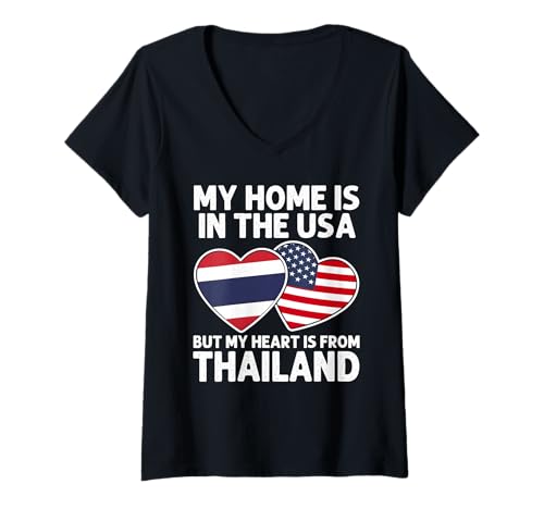 Damen My Home USA My Heart Thailand Thai American Pride Flagge T-Shirt mit V-Ausschnitt Damen My Home USA My Heart Thailand Thai American Pride Flagge T-Shirt mit V-Ausschnitt von Thailand Pride Flag Apparel