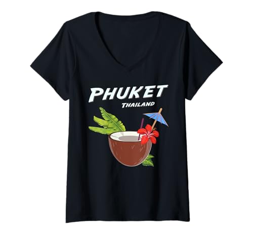 Damen Phuket Urlaub in Thailand Cocktail am Strand Kokosnuss Insel T-Shirt mit V-Ausschnitt Damen Phuket Urlaub in Thailand Cocktail am Strand Kokosnuss Insel T-Shirt mit V-Ausschnitt von Thailand ist wunderschön